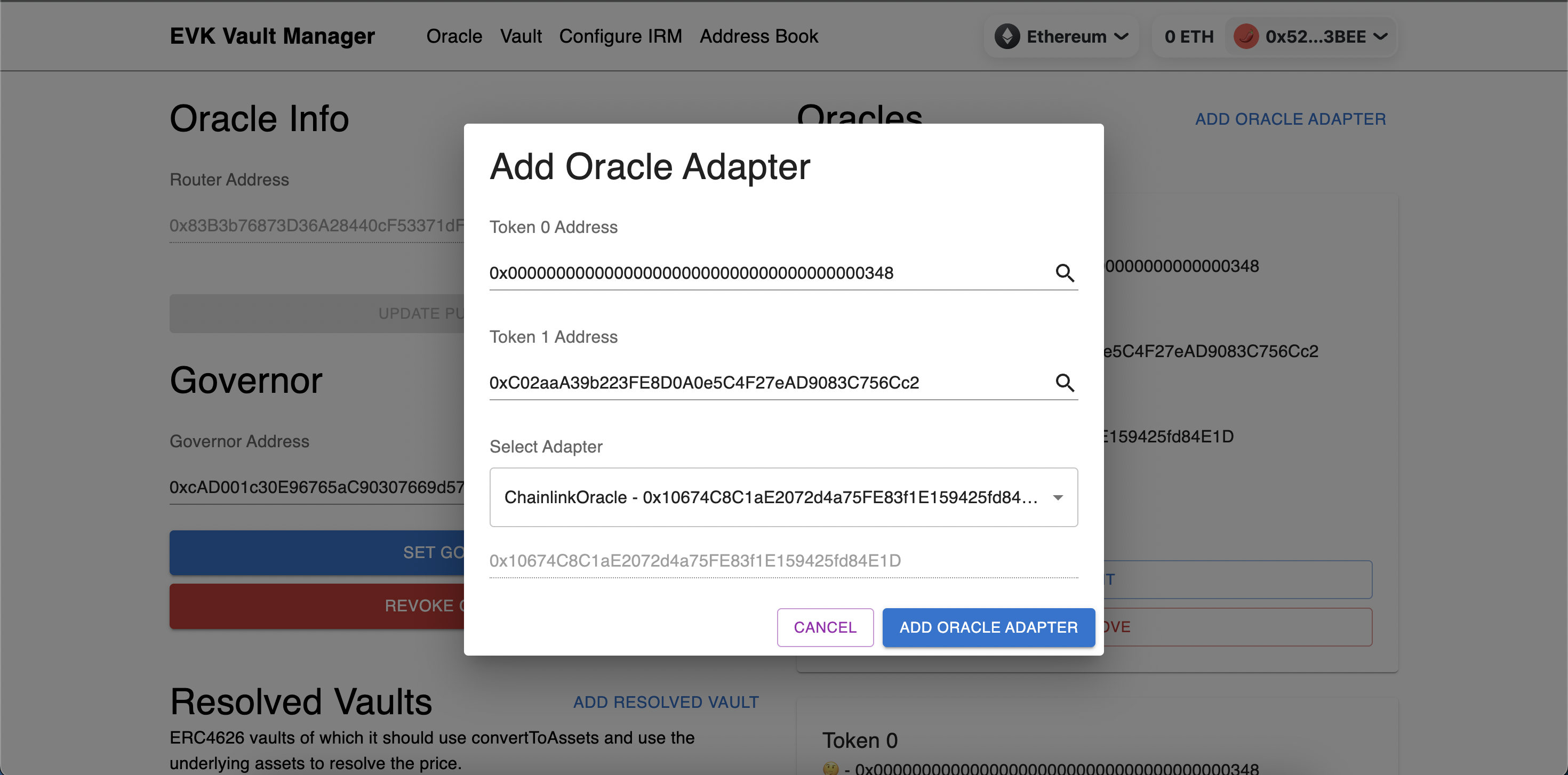 Oracle Resolved Vaults Config